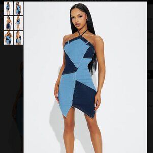 Blue Denim Mini Dress Halter Top Open Back NWT Small
